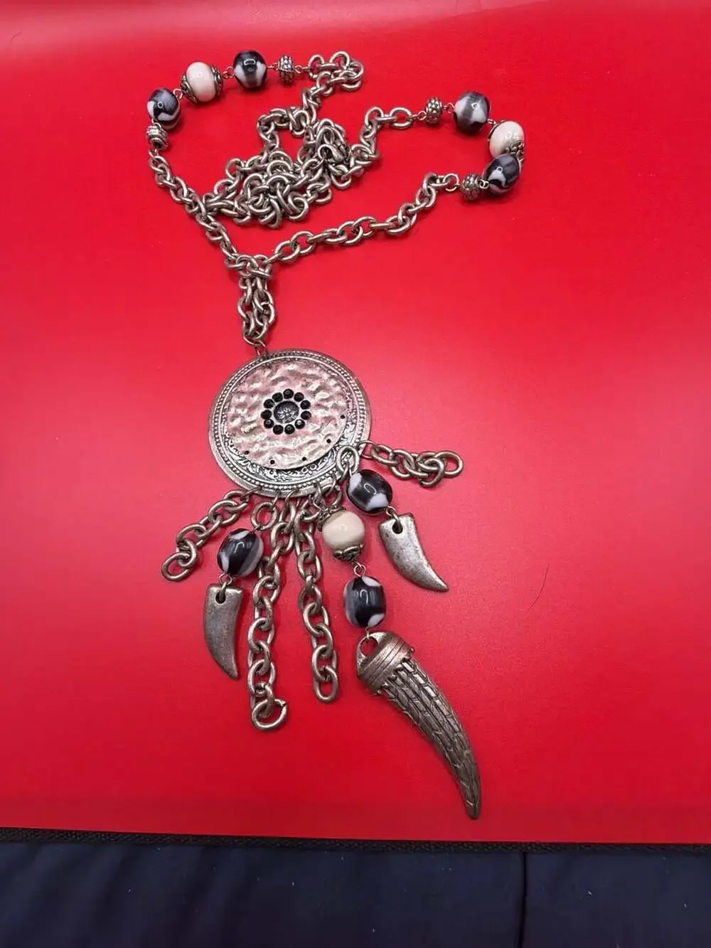 Boho Silver-Tone Multi-Chain Necklace With Ornate Medallion Pendants